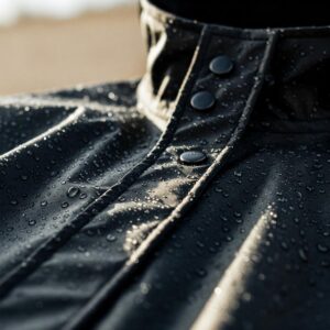 Close-up detail of a black rain coat, emphasizing the waterproof fabric texture and quality craftsmanship.