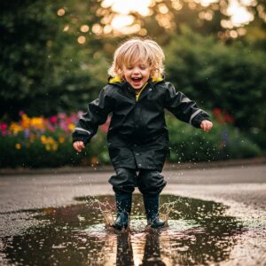 A cheerful child in a durable, waterproof black rain coat, jumping in puddles.