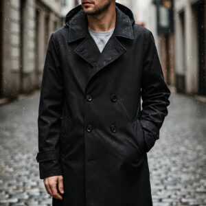 A classic black rain coat for men, showcasing its timeless design and practical features.
