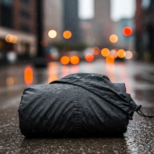 A lightweight and packable black rain coat, ideal for travel and unexpected downpours.