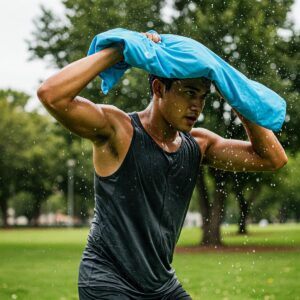 Active individual using a cooling towel for heat relief during a workout, prompting consideration of their safety.
