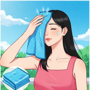Illustration of using a cooling towel on the forehead for heat relief.