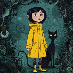 Artistic rendering of Coraline in her raincoat with the black cat beside her, detailed illustration.
