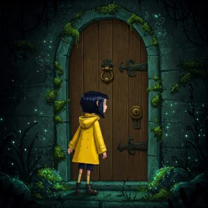 Illustration: Coraline in a bright yellow raincoat approaching a mysterious doorway, fantasy concept art.