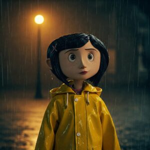 Coraline in yellow raincoat standing in a misty garden, a still from the animated movie.