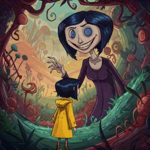 Coraline in raincoat facing the Other Mother in a surreal, illustrated scene from the movie.