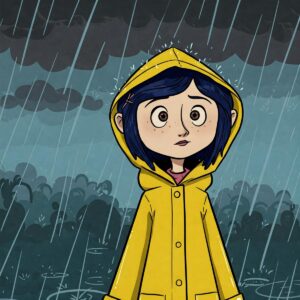Coraline character in a yellow raincoat amidst a stylized rainy backdrop, cartoon illustration.