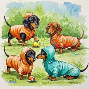 Three dachshunds of different colors (black and tan, red, dapple) wearing various colored raincoats.