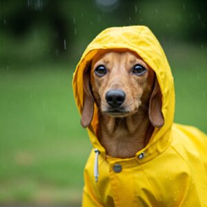 Close-up of a tan dachshund wearing a raincoat with the hood up, keeping its ears dry.