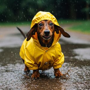Funny image of a dachshund in a raincoat with muddy paws, implying protection from the elements.