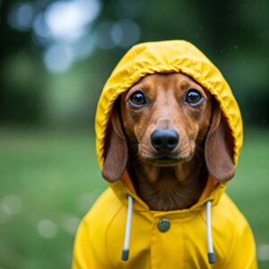 Adorable dachshund wearing a bright yellow waterproof raincoat, looking directly at the camera.