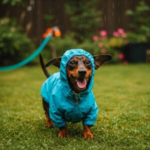 Small dachshund dog with short legs happily walking in the rain while protected by a blue raincoat.