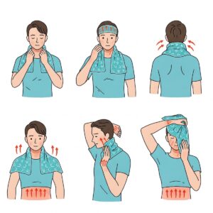 Illustrating different ways to use a cooling towel on various body parts for cooling.
