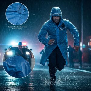 Animated illustration showcasing the durability and water resistance of a police raincoat in action.