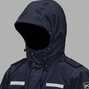 Detailed illustration showing the adjustable hood of a durable police raincoat.