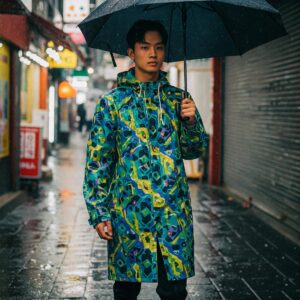 Raincoat featuring the distinct factor pattern in a practical setting.