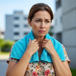 Person looking thoughtfully or worried while using a cooling towel, emphasizing the user's consideration of potential dangers.