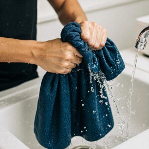 Demonstration of wringing excess water out of a cooling towel before use.