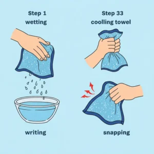Simple illustration demonstrating the easy three-step process of wetting, wringing, and snapping the Alfamo cooling towel to activate its cooling effect.