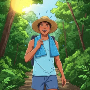  Illustration showing someone using an Alfamo cooling towel while enjoying an outdoor activity like hiking on a sunny day.