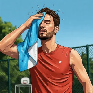  Illustration of an athlete using an Alfamo cooling towel during a workout to stay cool and perform better.