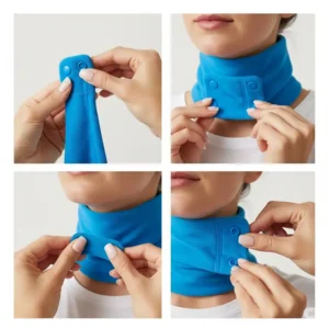 Hands demonstrating how to easily apply a snap on cooling neck scarf for instant refreshment.