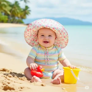 Cute baby wearing a floppy sun hat, playing safely on the beach, highlighting essential sun protection for infants.