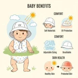 Infographic illustrating the key benefits of a baby sun hat, including UV protection, comfort, and skin health.