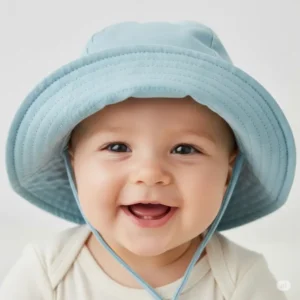 Close-up of a smiling infant wearing a comfortable baby sun hat, showcasing the hat's protective brim and soft fabric.