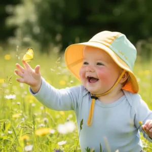 Adorable baby wearing a wide-brimmed, UPF 50+ sun hat, happily playing outdoors in the sunshine, protected from harmful UV rays. 