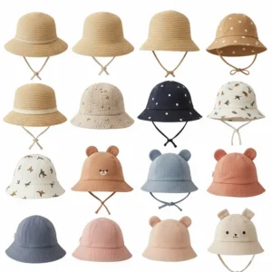 Collection of different baby sun hat styles and colors, demonstrating options for various ages and preferences.