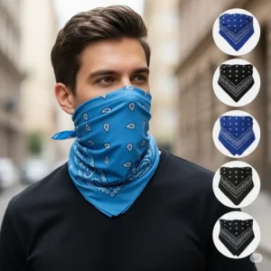 Artistic rendering of a man sporting a bandana as a neck gaiter, highlighting versatile and cool bandanas for men.