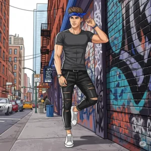 Illustration of a man in an urban setting wearing a cool bandana, reflecting street style fashion for men.