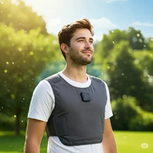 A person comfortably wearing a battery powered cooling vest in warm weather, highlighting its cooling effect.