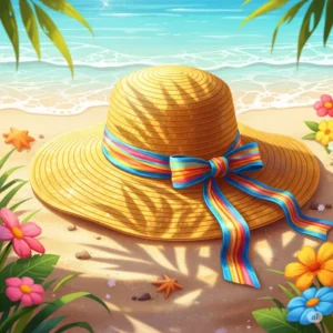 Vibrant illustration of a wide-brimmed Sunday afternoon hat lying on a sandy beach, evoking relaxation and sunshine.