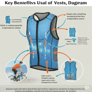  Diagram illustrating the key benefits of using a bicycle cooling vest, such as improved comfort and reduced heat stress.