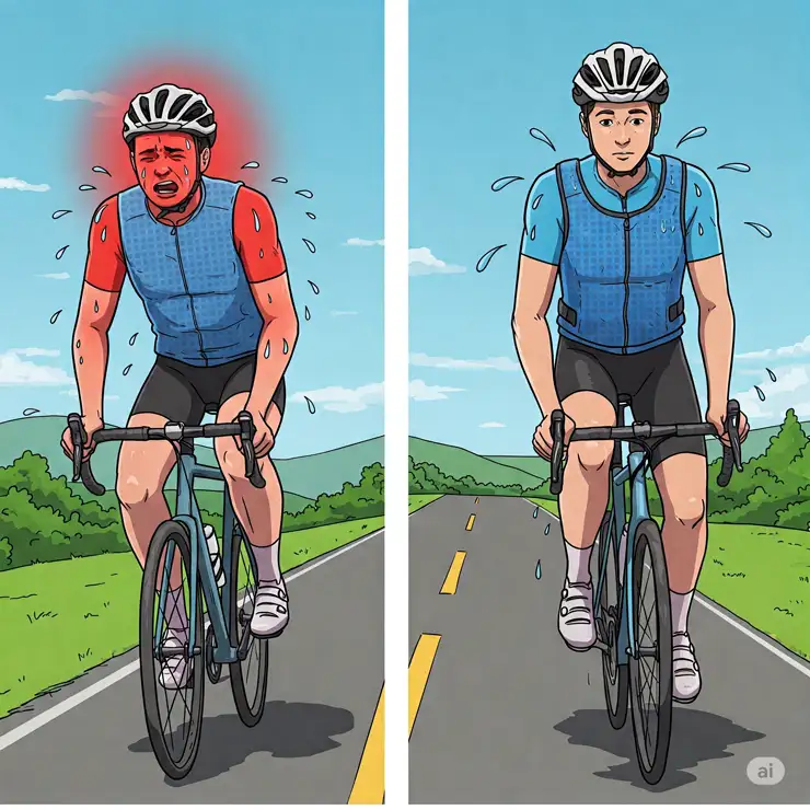 Comparison illustration showcasing the difference between riding with and without a bicycle cooling vest in warm weather conditions.