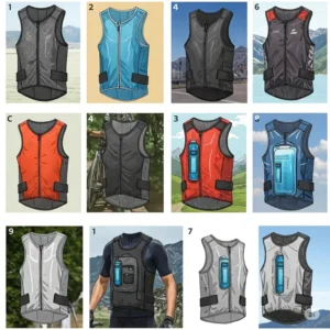 Illustration displaying various styles and designs of bicycle cooling vests available for different cycling preferences.