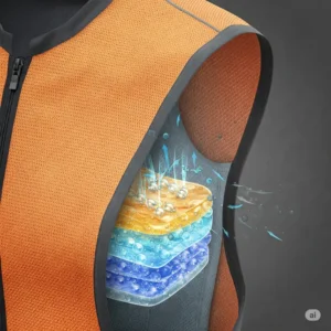 Close-up illustration of the materials used in a bicycle cooling vest, emphasizing breathability and lightweight design.