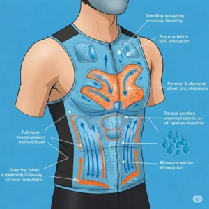 Illustration showing the cooling mechanism of a bicycle cooling vest, highlighting its ventilation and moisture-wicking technology. 