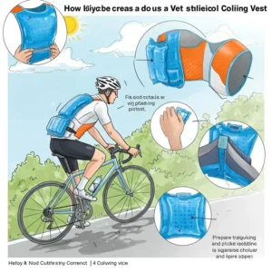 Illustration demonstrating how to properly wear and use a bicycle cooling vest for optimal cooling effect.