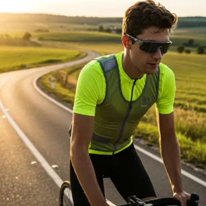 A cyclist wearing a high-performance bike cooling vest on a sunny road, emphasizing comfort and heat protection.