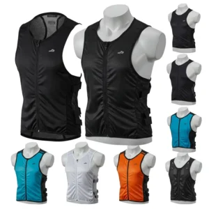 Illustration demonstrating the cooling mechanism of a bike vest, such as evaporative cooling or integrated gel packs.