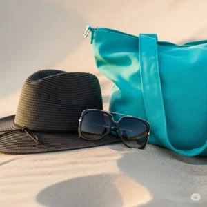 Black beach hat paired with sunglasses and a beach bag, representing essential beach accessories.