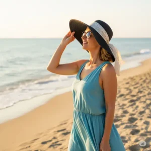 Elegant woman wearing a stylish black beach hat, enjoying the sun on a sandy shore.