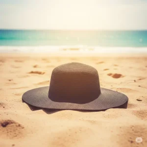 Black beach hat resting on the sand, symbolizing relaxation and a getaway.