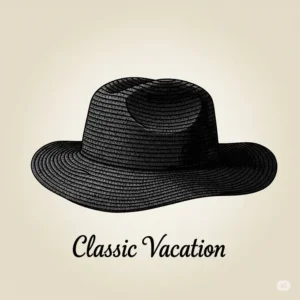 Textured illustration of a straw black beach hat, ideal for a classic vacation style.