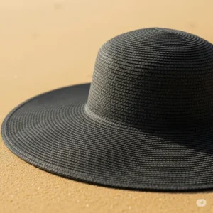 Close-up of a wide-brim black beach hat, perfect for sun protection and a chic look.