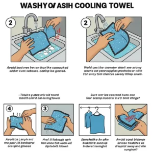 Illustration showing how to properly wash and care for a Milwaukee cooling towel.