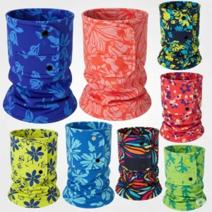 Collection of snap on cooling neck scarves in various vibrant colors and patterns, offering style and comfort.